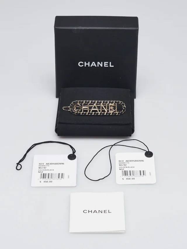 Chanel Goldtone Metal and Black Lambskin Leather Allure Logo Hair Clip in Black Lambskin from Yoogis, photo 3 of 6
