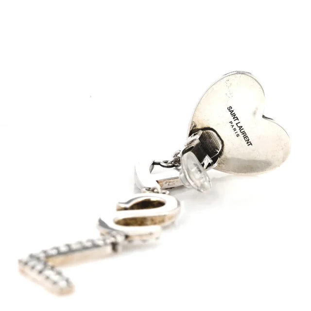 Saint Laurent Brass Crystal Monogram Heart Drop Clip Earrings Silver in Silver from FASHIONPHILE, photo 4 of 5