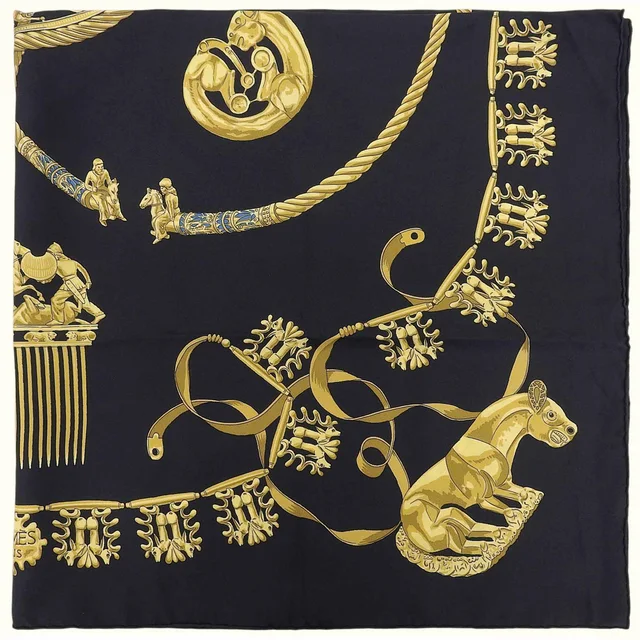 Hermès Carre 90 Les Cavaliers D'OR Scarf Black/Gold in Black Silk from VINTAGE QOO TOKYO