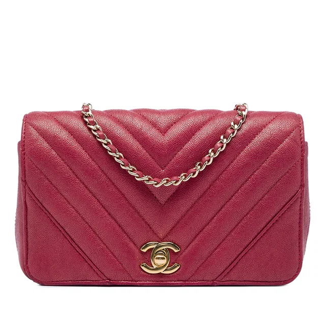 Red Chanel Small Chevron Iridescent Caviar Statement Flap Shoulder Bag in Red Caviar leather from Designer Revival