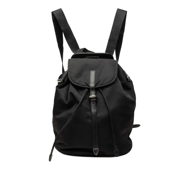 Black Prada Saffiano Trimmed Tessuto Backpack in Black Saffiano leather from Designer Revival