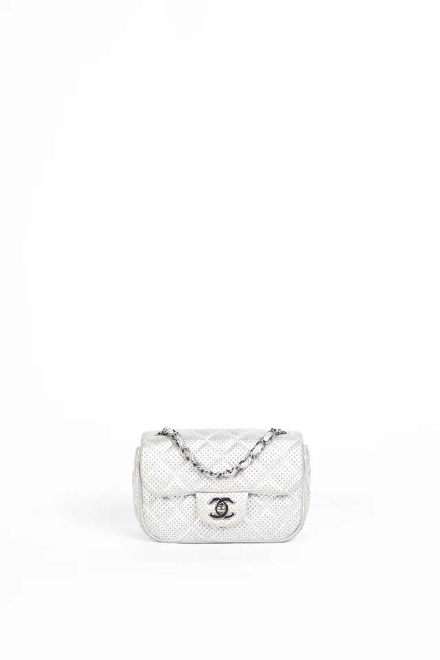 2010s Chanel Silver Perforated Leather Mini Square Single Flap Bag from Break Archive