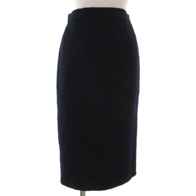 Chanel Boutique Vintage Tweed Tight Skirt Long Calfskin CC Logo Button 38 Navy in Navy Calfskin from The Reluxe