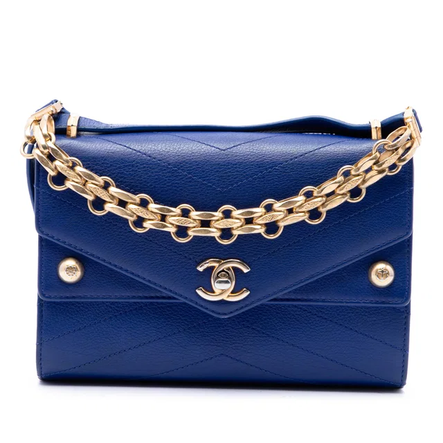 Blue Chanel Small Studded Chevron Calfskin Envelope Double Flap Crossbody Bag in Blue Calfskin from Designer Revival