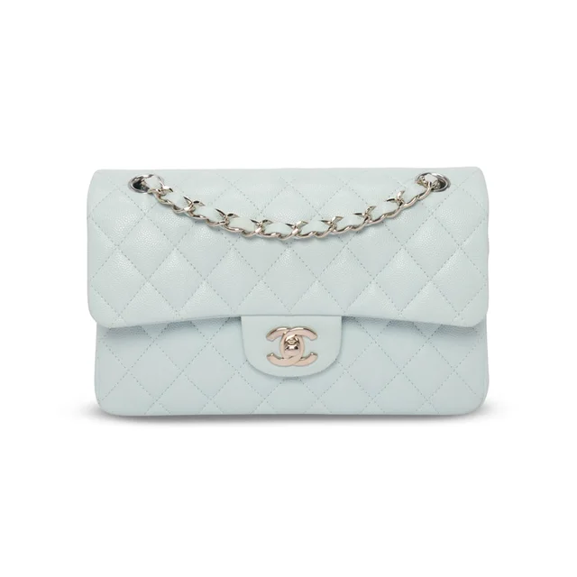 Chanel Quilted Caviar Small Classic Flap Bag in Light Blue Caviar leather from Blue Spinach