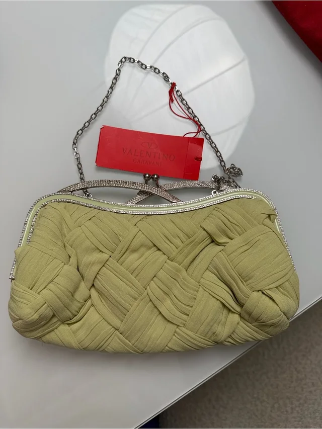 Valentino Garavani Olive Woven Satin Clutch With Silver Chain in green Woven leather from Poshmark