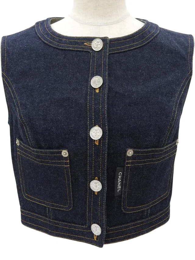 Chanel Denim CC Mark Button Vest #36 Indigo in Denim from VINTAGE QOO TOKYO