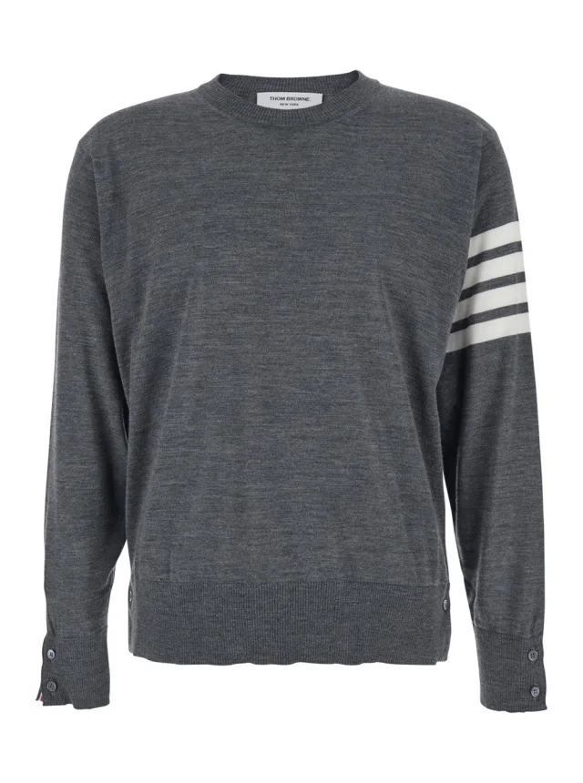 Grey Crew Neck Sweater with 4-Bar Detail in Virgin Wool for Men in Grey, image 1 of 1 from Gaudenzi Boutique