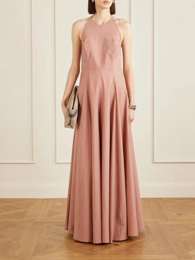 BRUNELLO CUCINELLI Pleated cotton-blend halterneck maxi dress in Brown, photo 2 of 2 from NET-A-PORTER (Canada)