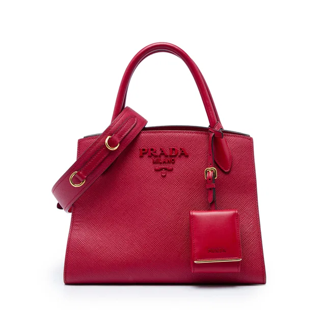 Red Prada Small Saffiano Cuir Monochrome Top Handle Tote Satchel in Red Saffiano leather from Designer Revival