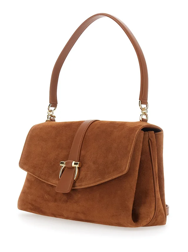 FERRAGAMO Brown Crossbody bag with Adjustable and Removable Strap and Closure with Gancini Plaque in Suede for Women in Brown 92% Goat 8% Calf, photo 4 of 12 from Gaudenzi Boutique