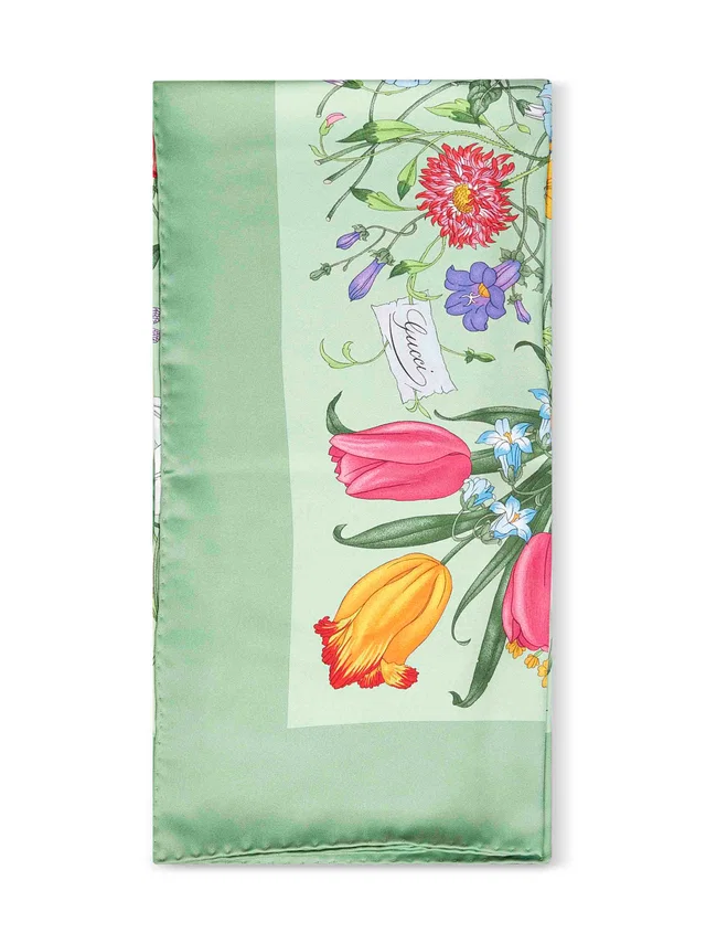 Gucci Silk Twill Flora Print Scarf — Green Scarfs in Green Silk from HEWI