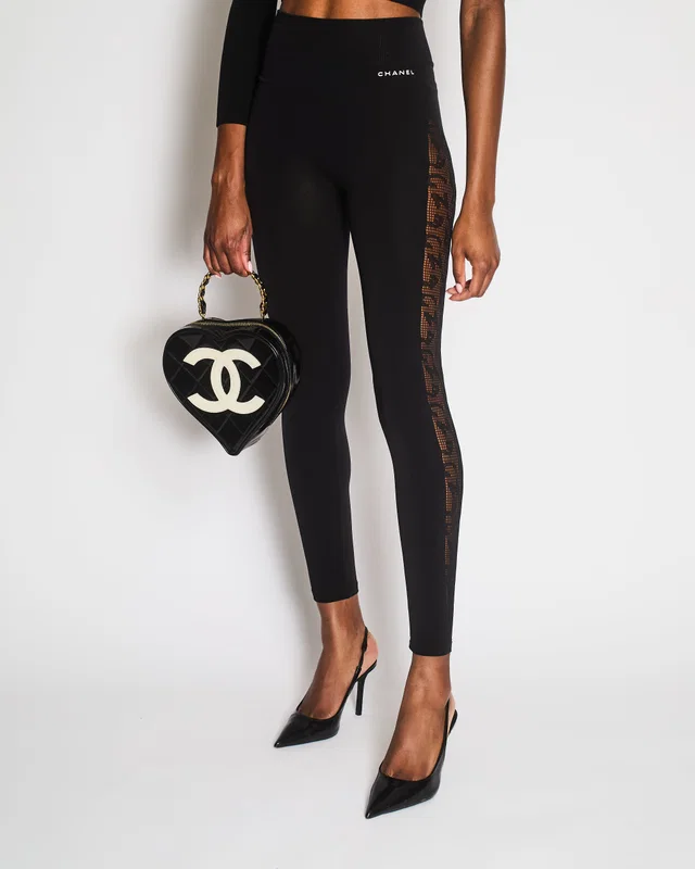 Chanel Black Leggings with Perforated Side Bands Details and White Logo Print Size XS (UK 6) in Black from Sellier