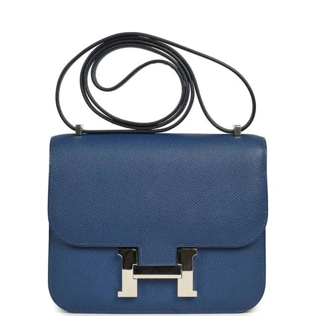 Hermès Constance 18 Bleu Tie Epsom Palladium Hardware in Blue Epsom leather from Madison Avenue Couture