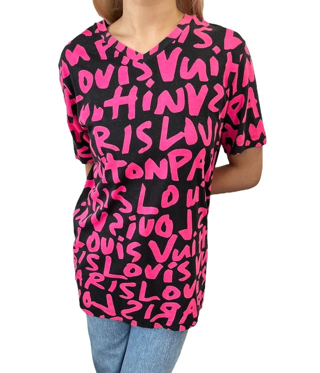 Louis Vuitton Vintage Logo Graffiti Print T-shirt Top #M Black Pink Cotton in Black from Luxury Promise