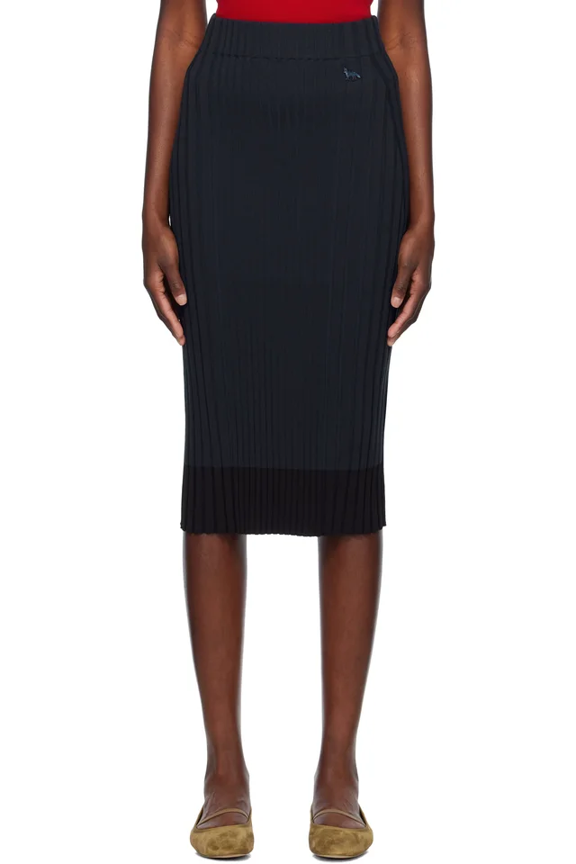 Maison Kitsuné Navy Baby Fox Patch Ribbed Midi Skirt, image 1 of 1 from SSENSE