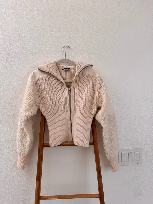 Diesel Vintage Y2 Ribbed Textured Zip-Up Wool Cardigan With Sherpa Sleeves in Wool from Poshmark