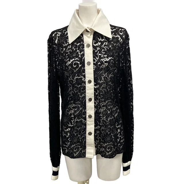 Chanel Long Sleeve Blouse M Black Lace Cotton 38 in Black Nylon from The Reluxe