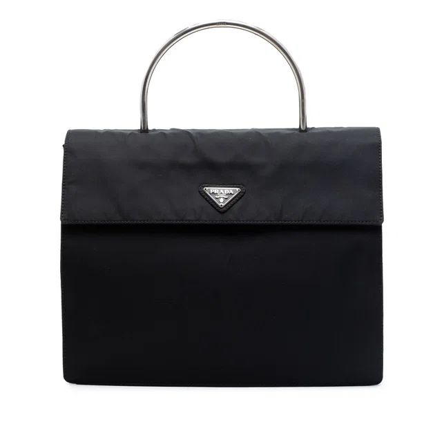 Black Prada Tessuto Metal Handle Bag Handbag in Black Nylon from Designer Revival