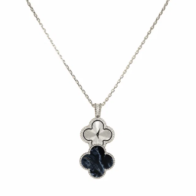 Van Cleef & Arpels Alhambra Secret Pendant Watch Necklace Pietersite, Diamonds, 18K White Gold Guilloche in Blue White Gold Guilloche/Pietersite/Diamonds from Madison Avenue…