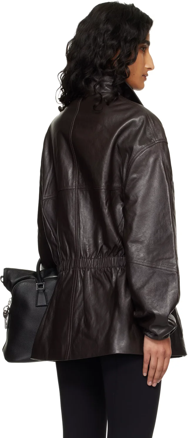 The Frankie Shop Burgundy Carnaby Funnel Neck Leather Jacket, photo 3 of 4 from SSENSE