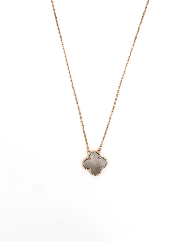 Van Cleef & Arpels Vintage Alhambra Gray Mother of Pearl 18kt Rose Gold Necklace in Pink Silk from A Retro Tale