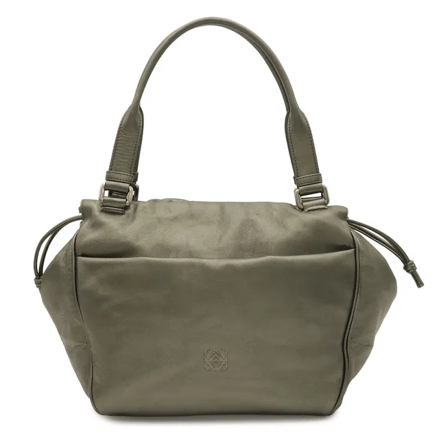 Loewe Anagram Shoulder Bag Tote Metallic Leather Khaki Silver in Green Leather from The Reluxe
