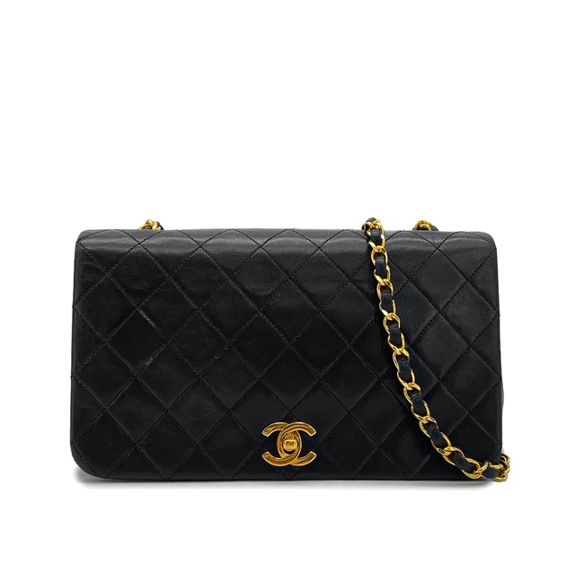 Chanel Vintage Full Flap Chain Shuolder Bag Black Lamb Skin Gold Hardware in Black from Luxury Promise