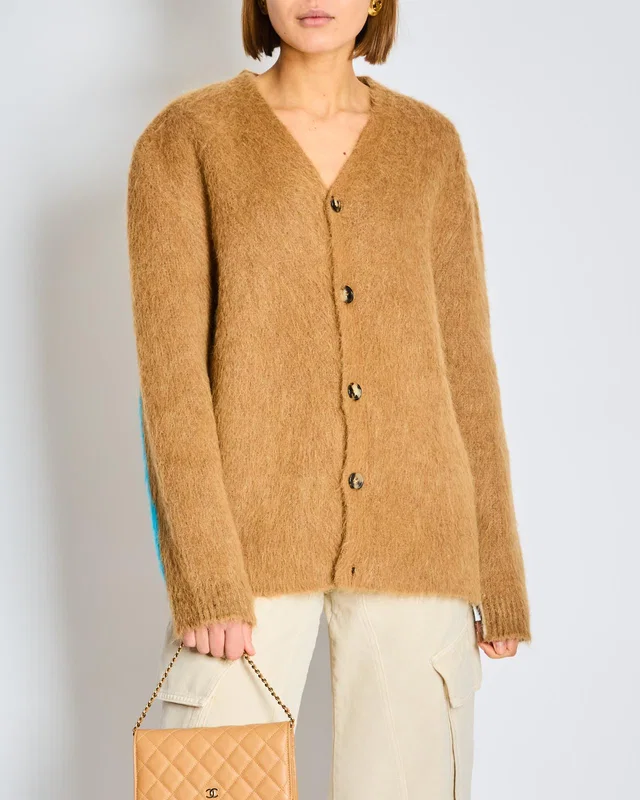Loewe Brown Mohair Long Sleeve Button Down Cardigan with Blue Stripe Detail Size S (UK 8) in Brown from Sellier