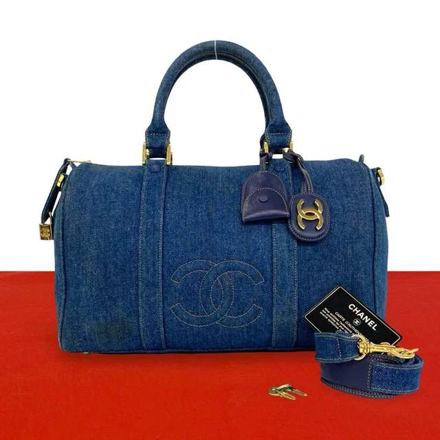Chanel Vintage CC Logo Denim 2-Way Shoulder Bag Blue in Blue Denim from The Reluxe