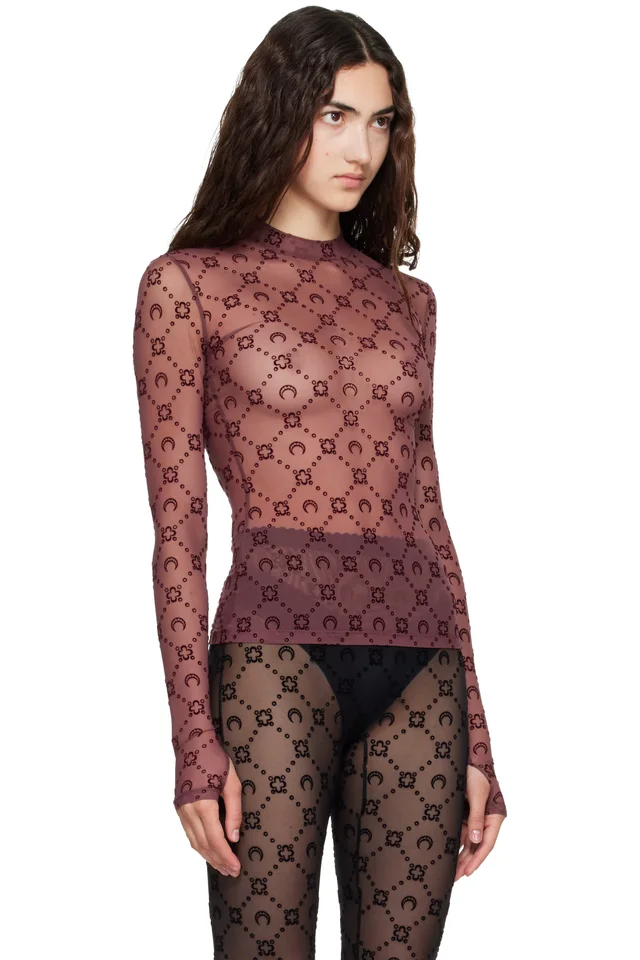 Marine Serre Burgundy Moonogram Flock LS Highneck Top, photo 2 of 4 from SSENSE