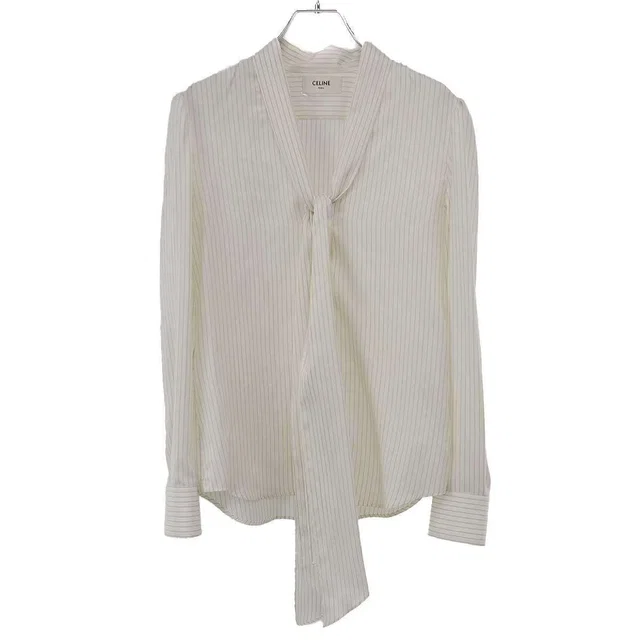 Celine Striped Bow Tie Silk Blouse Shirt White 34 in White Silk from The Reluxe