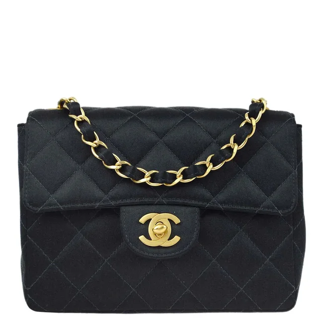 Chanel 2000-2001 Black Satin Mini Classic Square Flap Shoulder Bag 17 in Black Satin from AMORE Vintage Tokyo