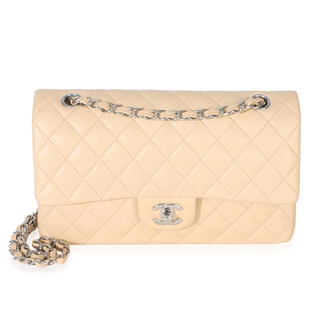 Chanel Beige Quilted Lambskin Medium Classic Double Flap Bag Leather Handbag in Beige Lambskin from HEWI