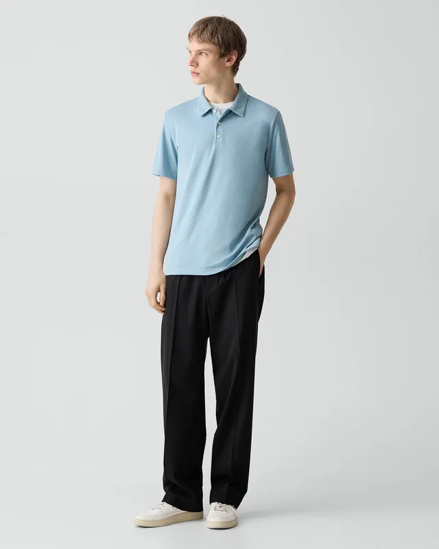 Theory Bron Polo Shirt in Anemone Modal Jersey in OCEAN AIR 67% Modal, 30% Polyester, 3% Spandex, photo 12 of 12 from Theory