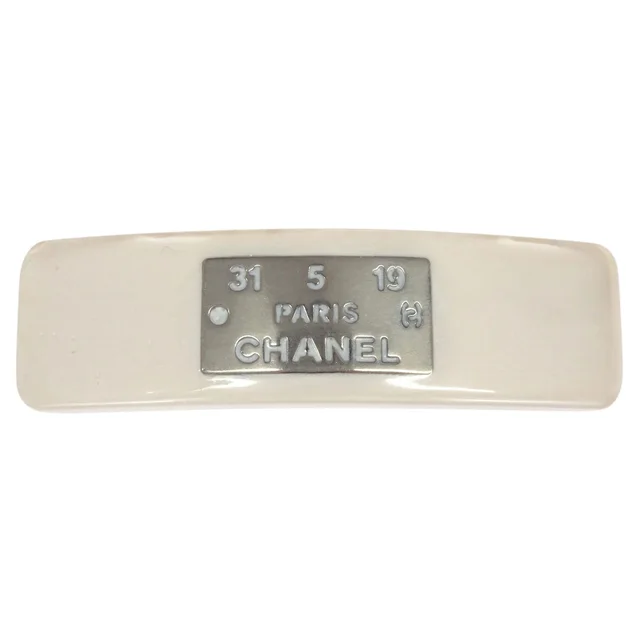 Chanel Barrette Hair Accessories White Silver Acrylic 99A in White Resin from AMORE Vintage Tokyo