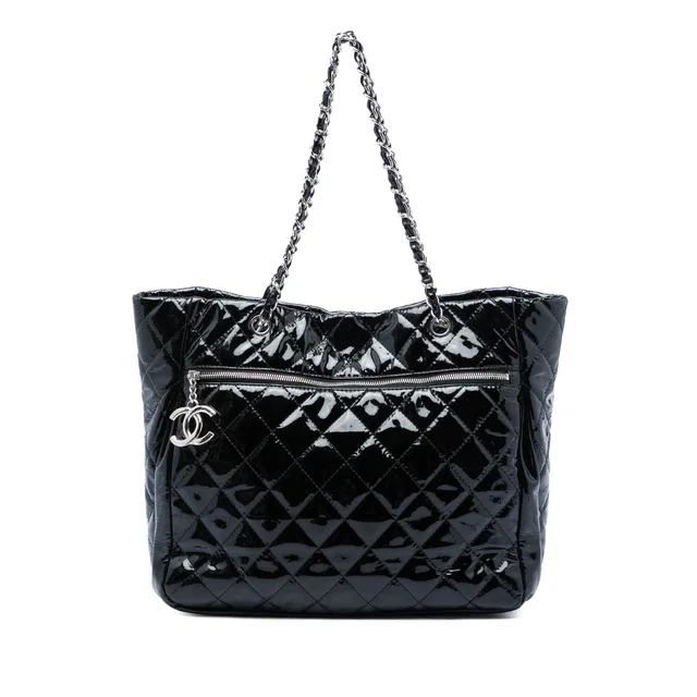 Black Chanel CC Quilted Patent Chic And Glitter Ligne Timeless Tote in Black Patent leather from Designer Revival