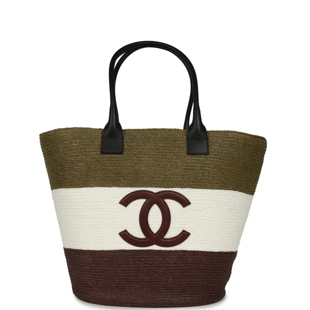 Chanel Maxi Coco Beach Small Shopping Bag Khaki, White, Brown Raffia and Calfskin in Brown Calfskin from Madison Avenue Couture