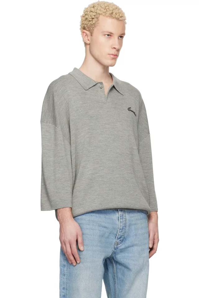 Fear of God ESSENTIALS Gray Signature 3/4 Sleeve 90s Knit Polo, photo 2 of 4 from SSENSE