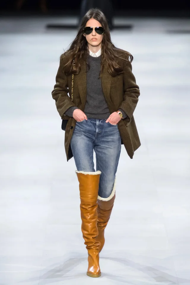 Celine By Hedi Slimane Natural Leather And Shearling Thigh High Boots 2020 in Beige Leather from Resurrection Vintage, photo 2 of 6