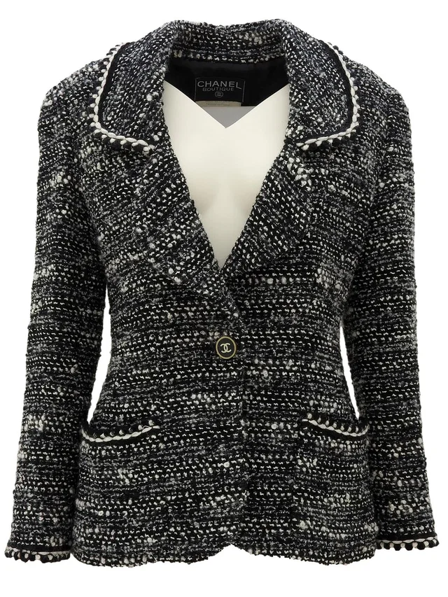Chanel 1994 Tweed CC Mark Button Jacket #36 Black/White in Black Tweed from VINTAGE QOO TOKYO