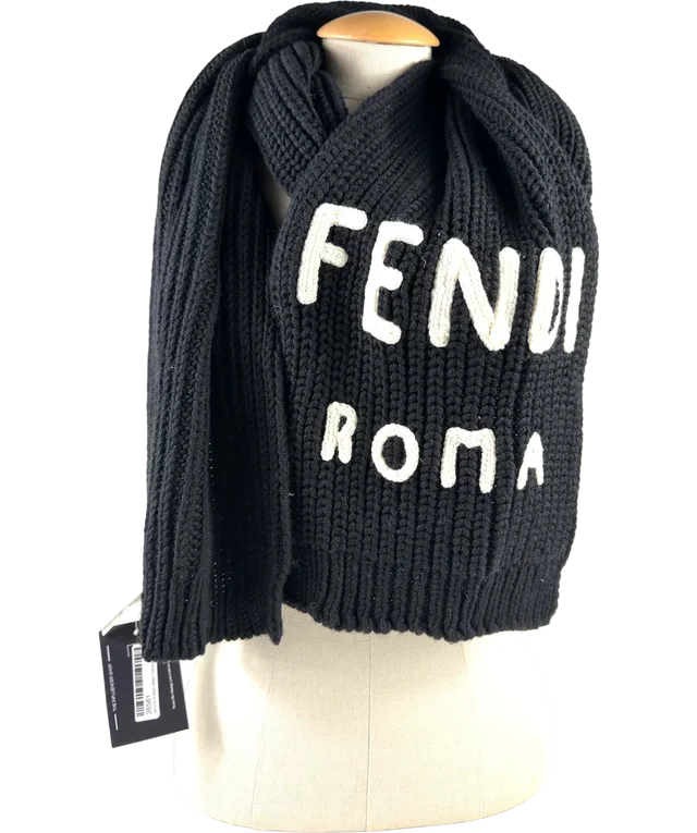 Fendi Black & White Virgin Wool Logo Scarf from Reliked