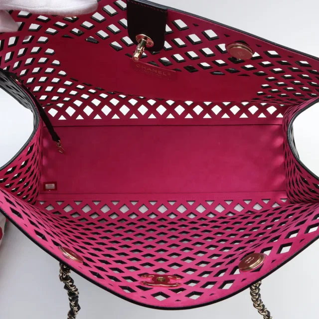 Chanel Circa 2021 Diamond Punching CC Turn-lock Chain Tote Bag Black in Black Calfskin from VINTAGE QOO TOKYO, photo 3 of 23