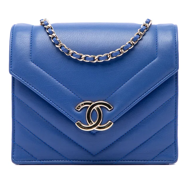 Blue Chanel Small CC Chevron Calfskin Envelope Flap Crossbody Bag in Blue Calfskin from Designer Revival