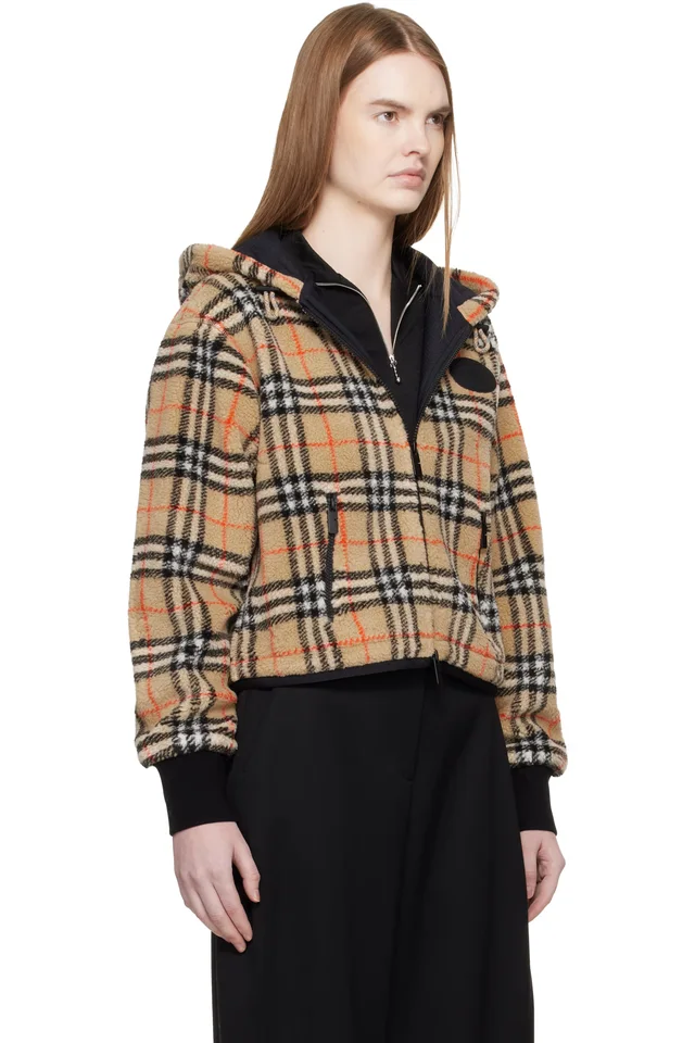 Burberry Beige Cropped Check Fleece Hooded Jacket, photo 2 of 4 from SSENSE