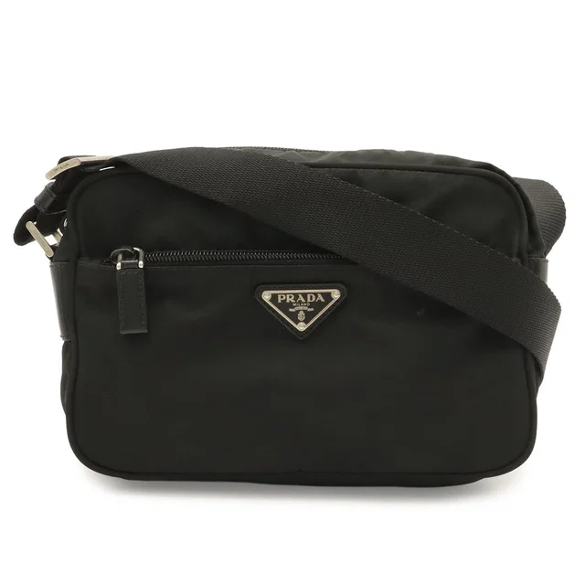 Prada Triangle Logo Shoulder Bag Pochette Crossbody Nylon Leather Nero Black in Black Nylon from The Reluxe