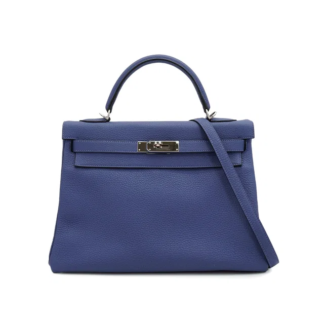 Hermès Kelly 32 Retourne Blue Brighton Taurillon Clemence Hand Shoulder Bag 2018 C Stamp Palladium… in Blue Clemence leather from Luxury Promise