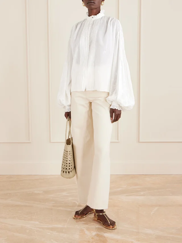 THIERRY COLSON Slava ruched pleated embroidered cotton-voile shirt in White, photo 2 of 2 from NET-A-PORTER (Canada)