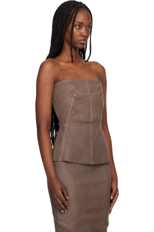 Rick Owens Gray Temple Bustier Leather Top, photo 2 of 4 from SSENSE