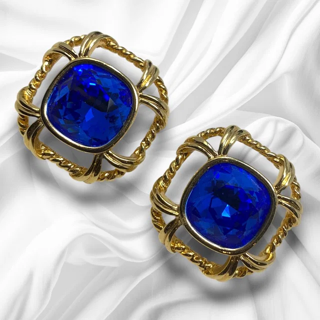 Vintage Y2k Swarovski Blue Crystal Square Caged Earrings Gold Tone Couture Mogul in gold from Poshmark